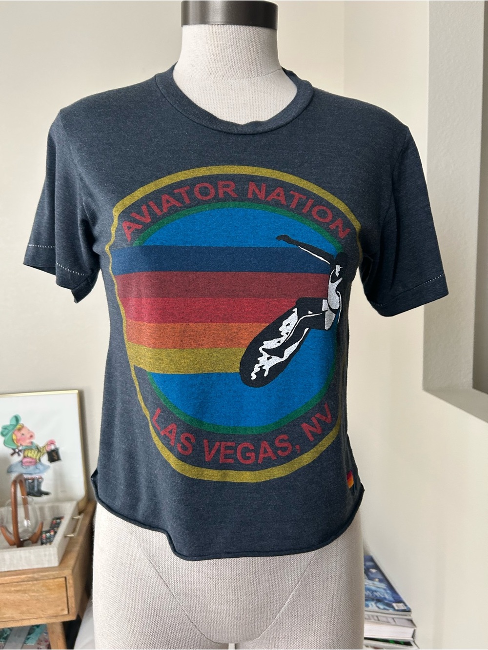 Aviator Nation Navy Tee with Multicolor Retro Stripe Emblem